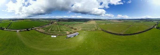 Aerial panorama of Martha's Down on the Wiltshire chalk downs